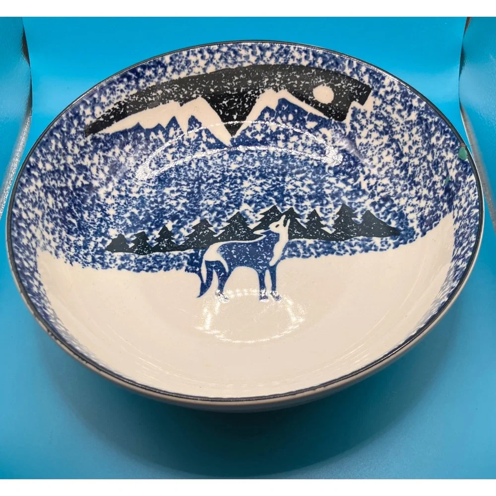 Tienshan Folk Craft Wolf Bowl 9 Inch Blue White Mountain Forest Scenic